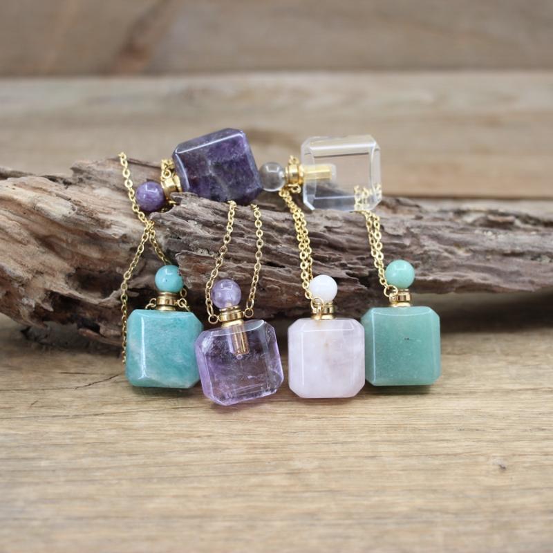 

Pendant Necklaces Square Amazonite Essential Oil Vial Pendants Sodalite Aventurine Amethysts Quartz Perfume Bottle Charm Jewelry QC1088Penda