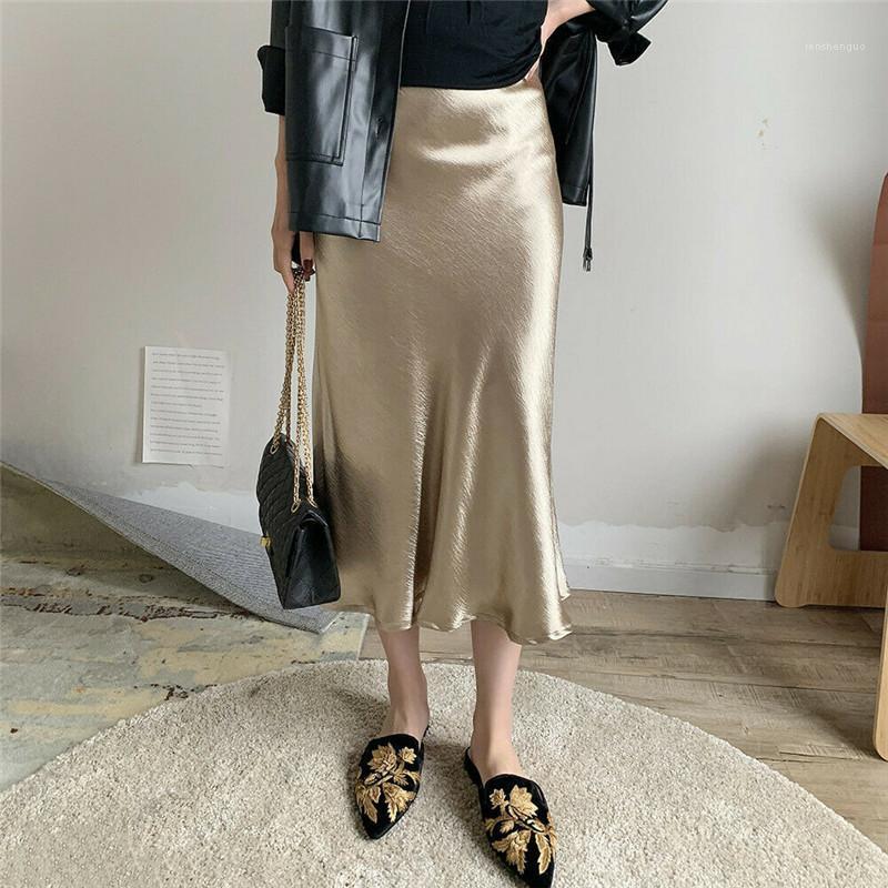 

Skirts Richkeda Store 2022 Elegant Gypsy Bodycon Women Lady High Waist Solid Shiny Satin Fashion, Gold