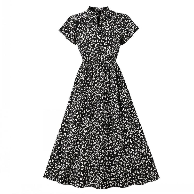 

Party Dresses Long A Line Dress Women Lace Up Stand Collar Short Sleeve High Waist Robes Fashion Print Casual Summer Ropa Mujer 2022Party, Black