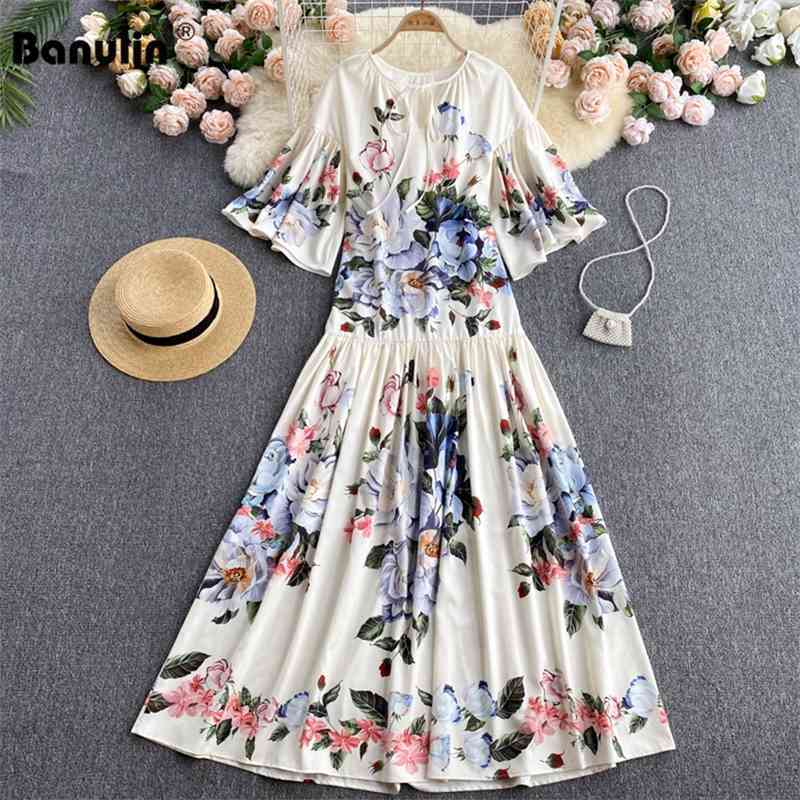 

Banulin Runway Summer Vintage Loose Robe Maxi Dress Womens Vneck Strappy Flare Sleeve Flower Print Long N7402 210603, Milky white