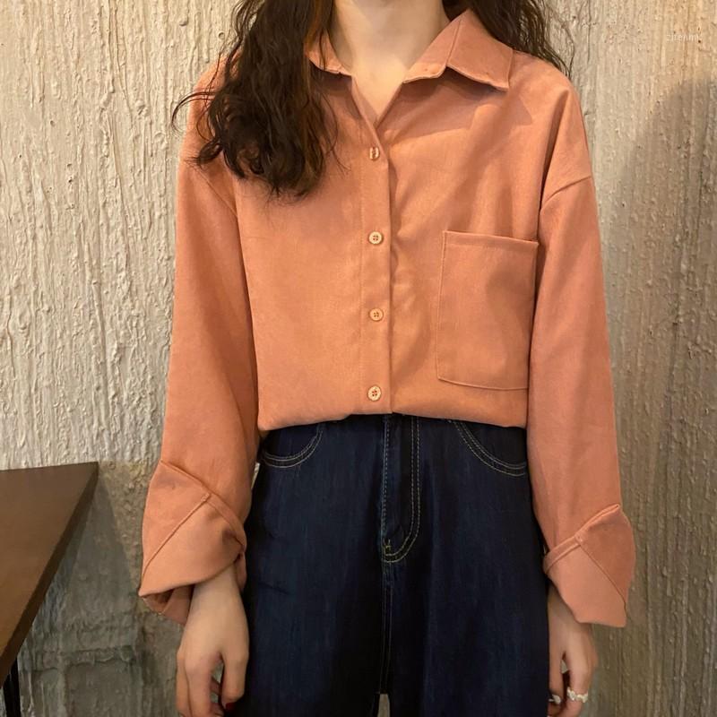 

Women's Blouses & Shirts Neophil 2022 Spring Women Corduroy Long Sleeve Turn Down Collar Vintage Minimalist Loose Boyfriend Style Solid TopS, Brown
