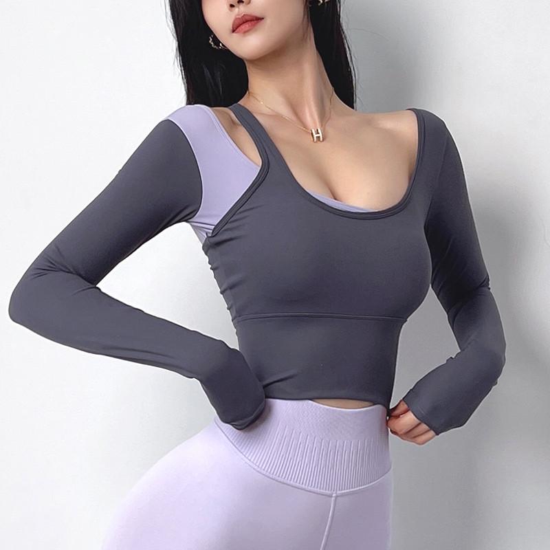 

Yoga Outfit Contrasting Hollow Design Tight Sport Top Gym Shirts Women Long Sleeve Workout Fitness Crop Tops Padded Running ClothingYoga, Red