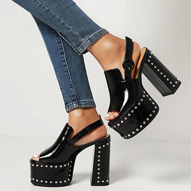 

Sandals RIBETRINI On Sale Open Toe Platform High Heeled Women Fashion Punk Cool Party Luxury Elegant Chic Ladies Shoes 2022, Black