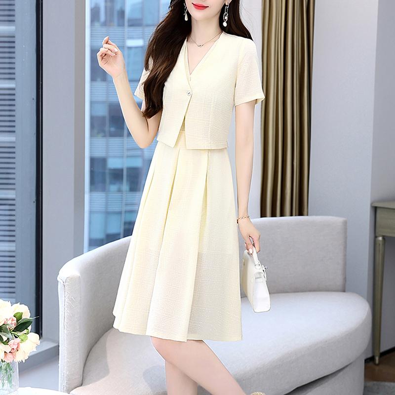 

Work Dresses Summer Fashion Korean Two Piece Set Women Crop Top Short Sleeve V-Neck BBlazer+ Sleeveless Mid Dress Suits 2 Sets, Beige