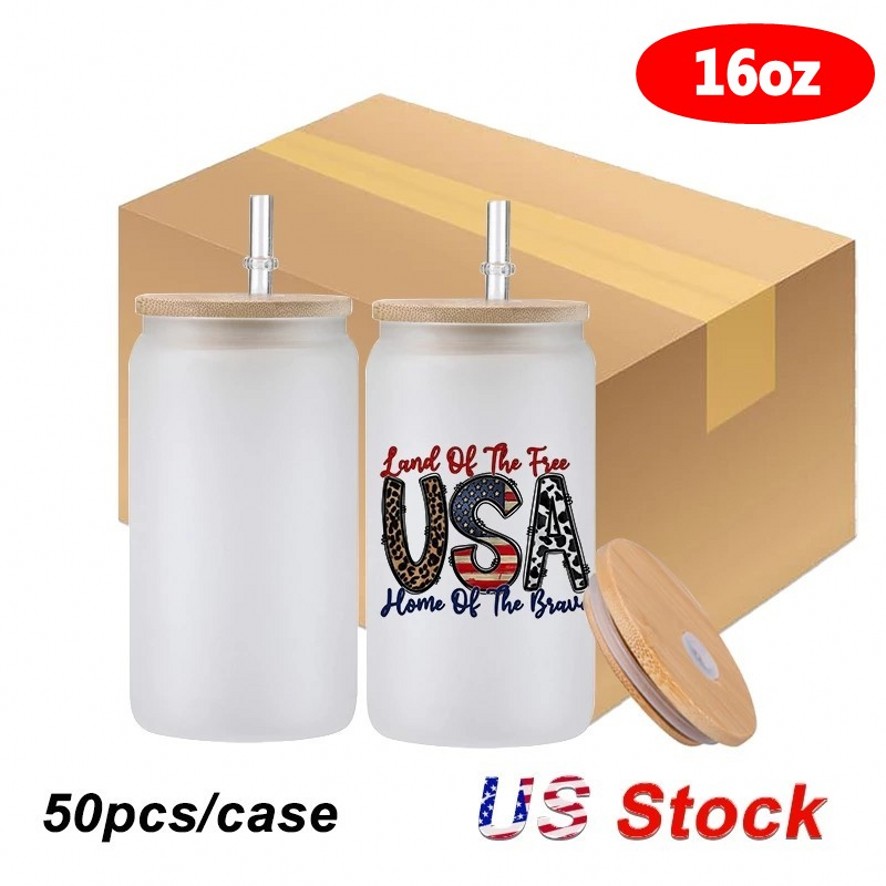 

US Stock 16oz Sublimation Cola Can Tumbler Clear Frosted Glass Jar with Bamboo Lid Wide Mouth Beer Cup Festival Party Wine Tumblers FY5118 0117, Customize