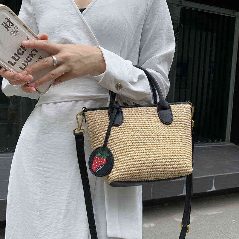 

Straw Woven Bag Splicing Cow Leather Single Shoulder Messenger Portable Beach Bag Wing Leather Women's Bag 220614, Black