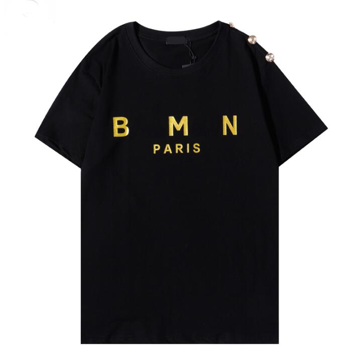 

Summer 2022 Paris fashion designer high-end Women's T-Shirt sleeve t-shirt Womens button Balmaim printed Harajuku men's couple style cotton shirt with round collar
