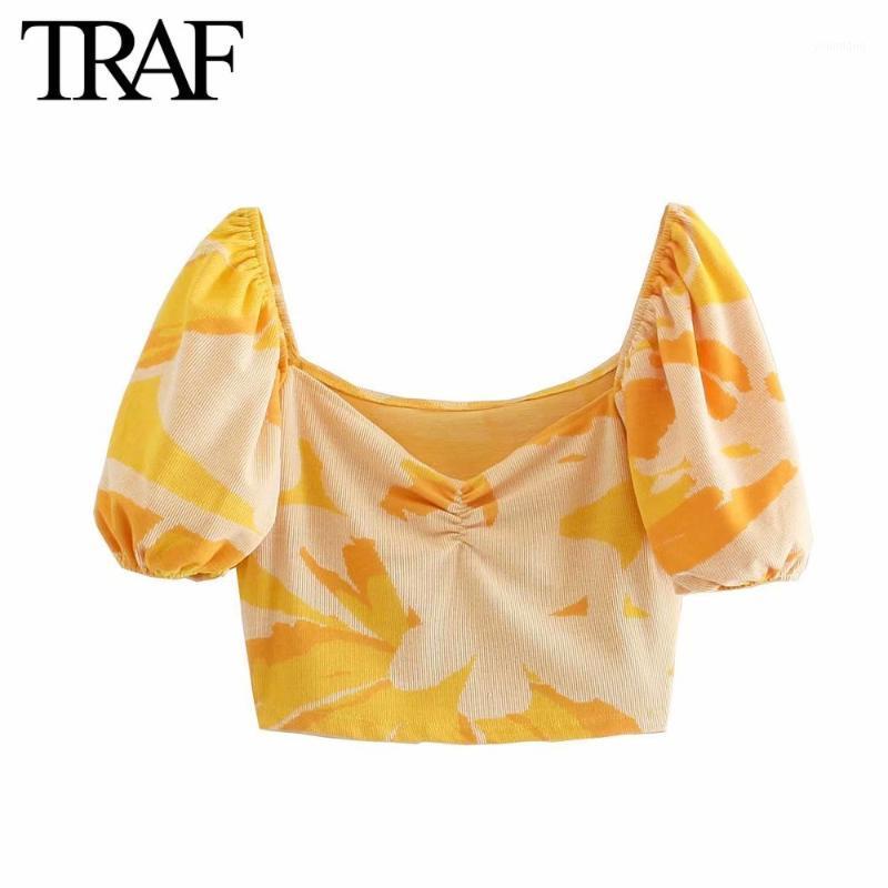 

Women' Blouses & Shirts Women Fashion 2022 Summer French Elegant Square Neck Pleat Bubble Sleeve Jacquard Knit Ladies Tops Mujer, As picture