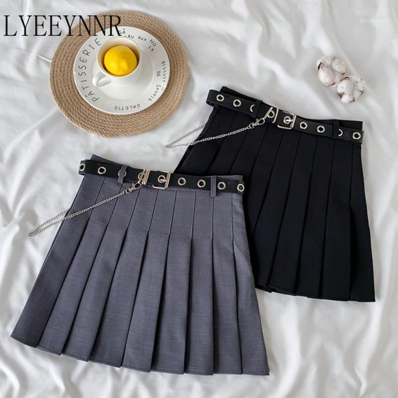 

Skirts LYEEYNNR Chain Pleated Skirt Women Female Spring 20221 Tooling High Waist Thin A-line Retro Office Lady Bottoms Jupe, Common gray