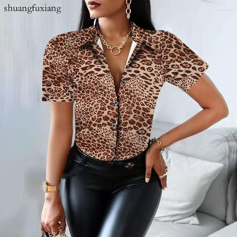 

Women' Blouses & Shirts Casual Print Button Shirt Blouse Woman Summer Slim Short Sleeve Top For Women 2022 Black Office Leopard Tops FemmeW, Khaki