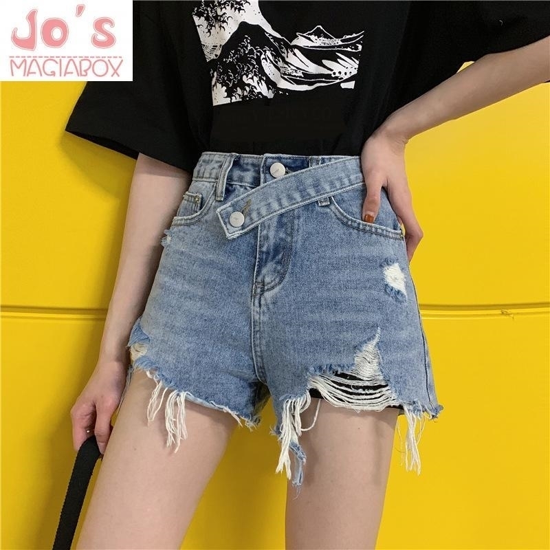

Summer Korean Women Solid Hole Denim Shorts Casual Female Button Fly Empire Shorts Mujer High Waist Sexy Pockets Jeans Shorts Y200822, Black solid shorts