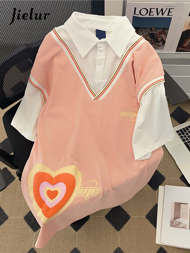 

Jielur Cotton Spell Color Printing Fake Two Piece Polo Tshirts Female Chic Harajuku Short Sleeve Pink Blue T shirt Women MXL 220615