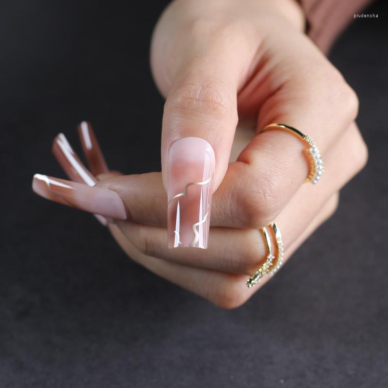 

False Nails Cream Extra Long Rectangle Ombre Brown Fake Art Square French Nude Artificial Salon Can Be Reused Thicken Tip Prud22, P22-090g