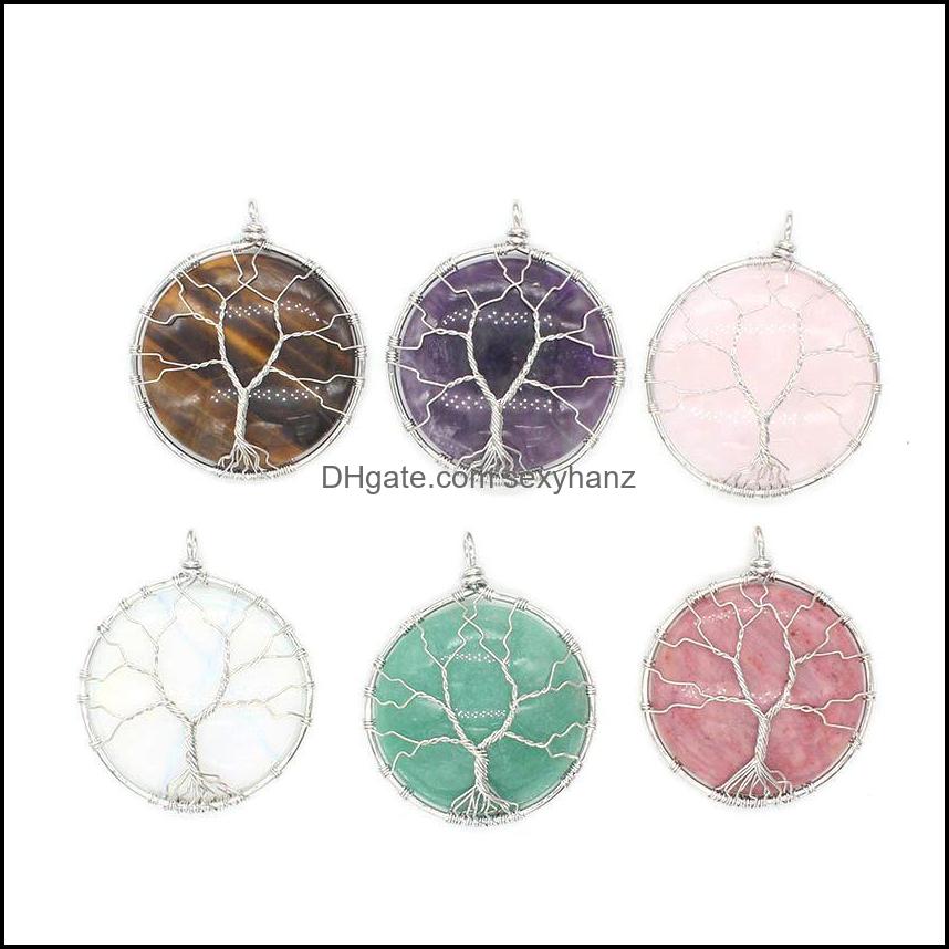 

Pendant Necklaces Pendants Jewelry Round Cabochonwire Wrapped Gemstone Amethyst Tiger Eye Quartz Stone Charm With Brass Chain Necklace