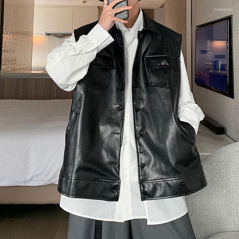 

Men's Vests Personality Sleeveless Vest Wear Retro Fashion Brand Trend Casual Jacket Leather Men Black Vesten Stra22