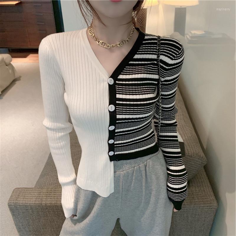 

Women' Knits & Tees Korean O-neck Short Knitted Sweaters Women Thin Cardigan Fashion Sleeve Striped Patchwork Irregular Crop TopsWomen' Ma, White