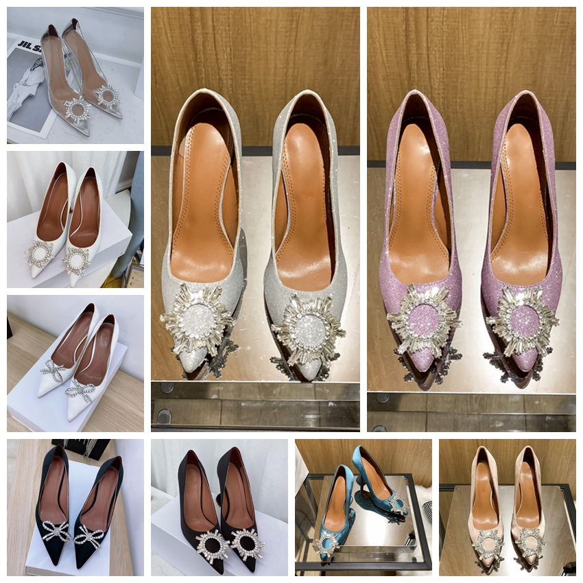 

2022 dress Shoes 10cm glisten Begum bowknot silk satin pumps high heels PVC patent leather rhinestone Transparent sandals shine pointed women amina crystal shoe, 9 beige silk