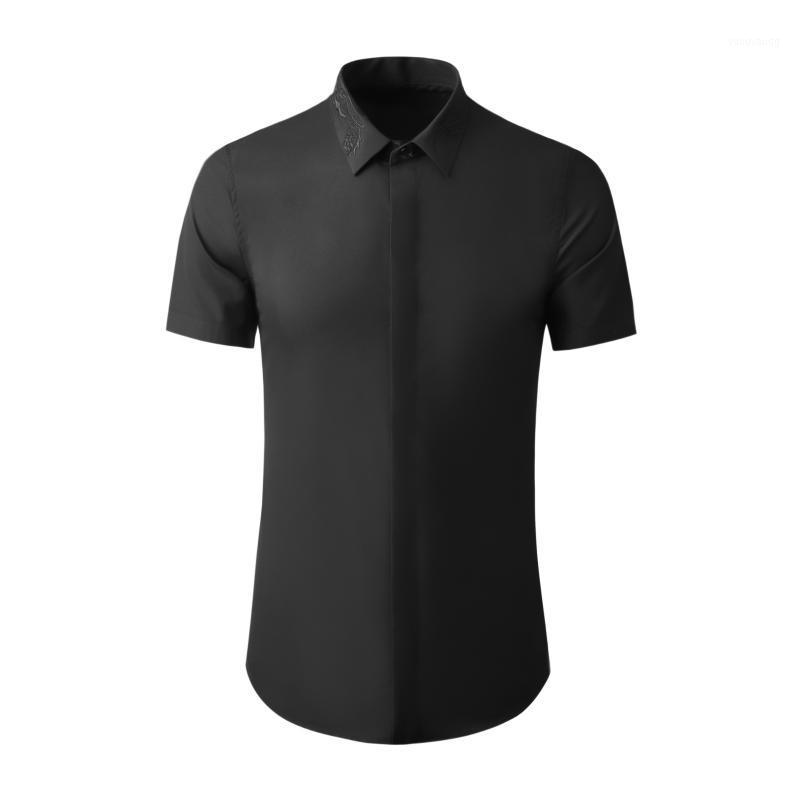 

Men's Casual Shirts Minglu Male Luxury Embroidered Collar Short Sleeve Mens Dress Shirt Fashion Solid Color Man Slim Fit 4xl, White