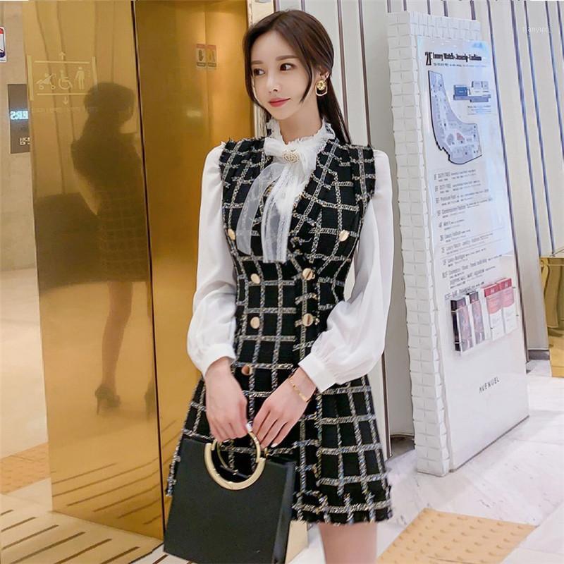 

Casual Dresses 2022 White Shirt Plaid Dress 2 Pieces Set Wome Tweed Double Breasted Mini Vestidos Bow Spring Autumn Clothes, Black
