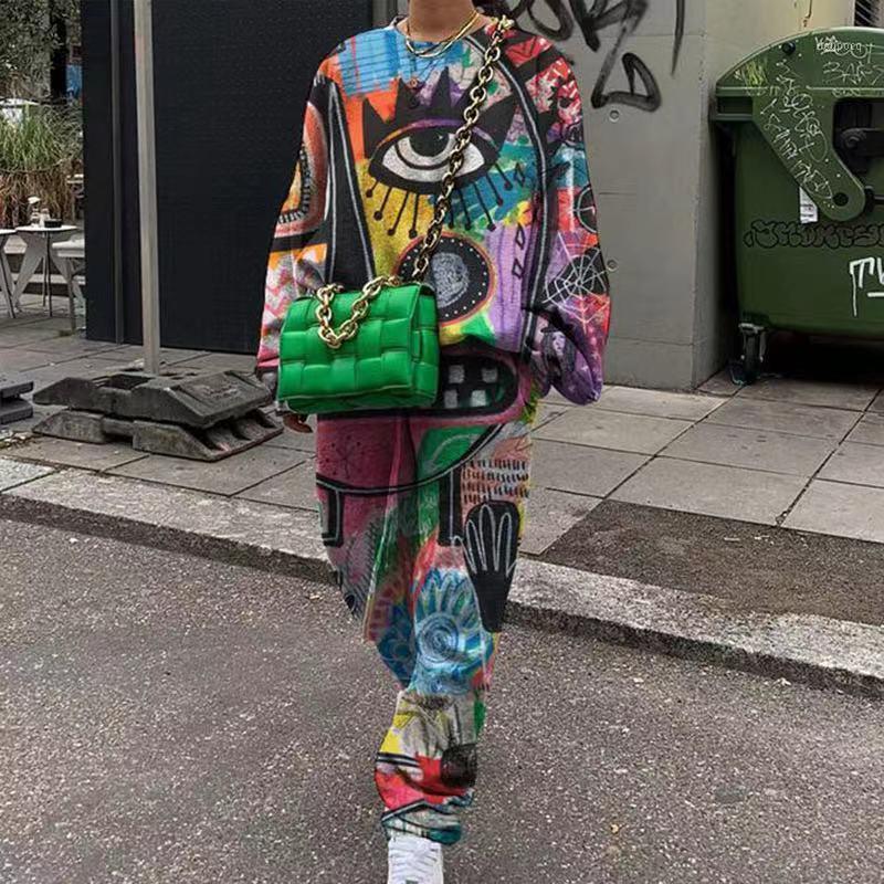 

Women' Two Piece Pants Gothic Style Fashion Sweatshirt Suit Pieces Set Abstract Pattern Print Pollovers And Pencil Plus Size Women Autumn, Multicolor