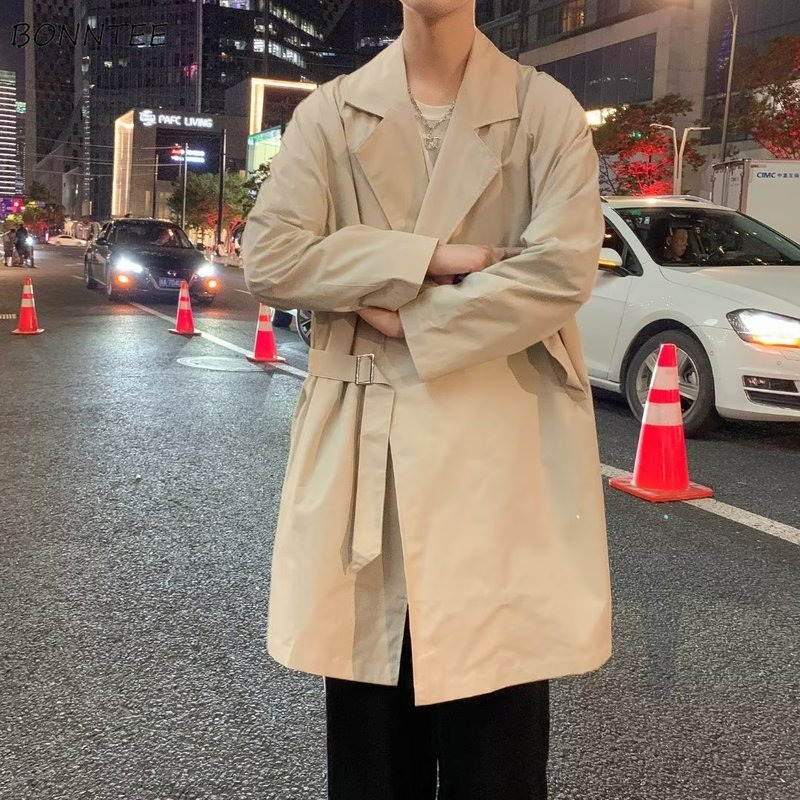 

Men's Trench Coats Men Trench Japanese Gentleman Stylish Korean British Streetwear Allmatch Personality Clothing Outwear Fashion Hip Hop 220826, Black