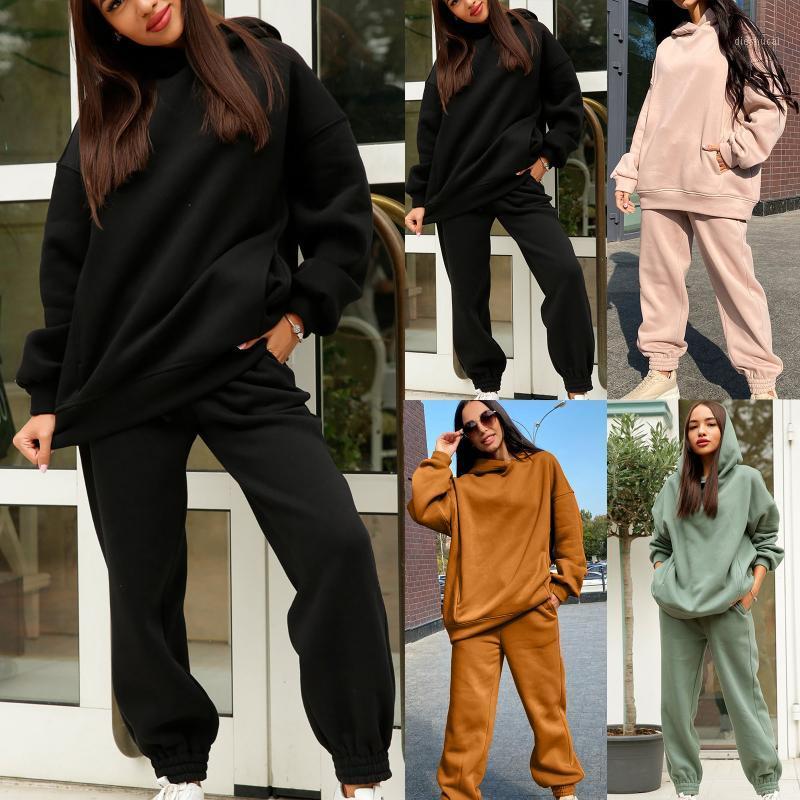 

Women' Two Piece Pants Fashion Ladies Solid Color Sweater Hooded Commuter Wear Loose Long Sleeve Two-Piece Set, Beige
