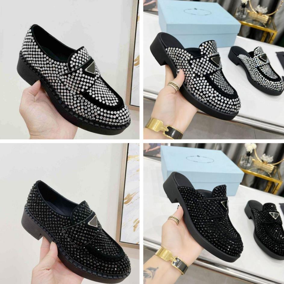 

Satin loafers with crystals Classic Women Diamond Loafers Crystal Satin Moccasin Mules Platform Rubber Sole Triangle Logo Outsole Casual Shoes Sizes 35-42, Color 4