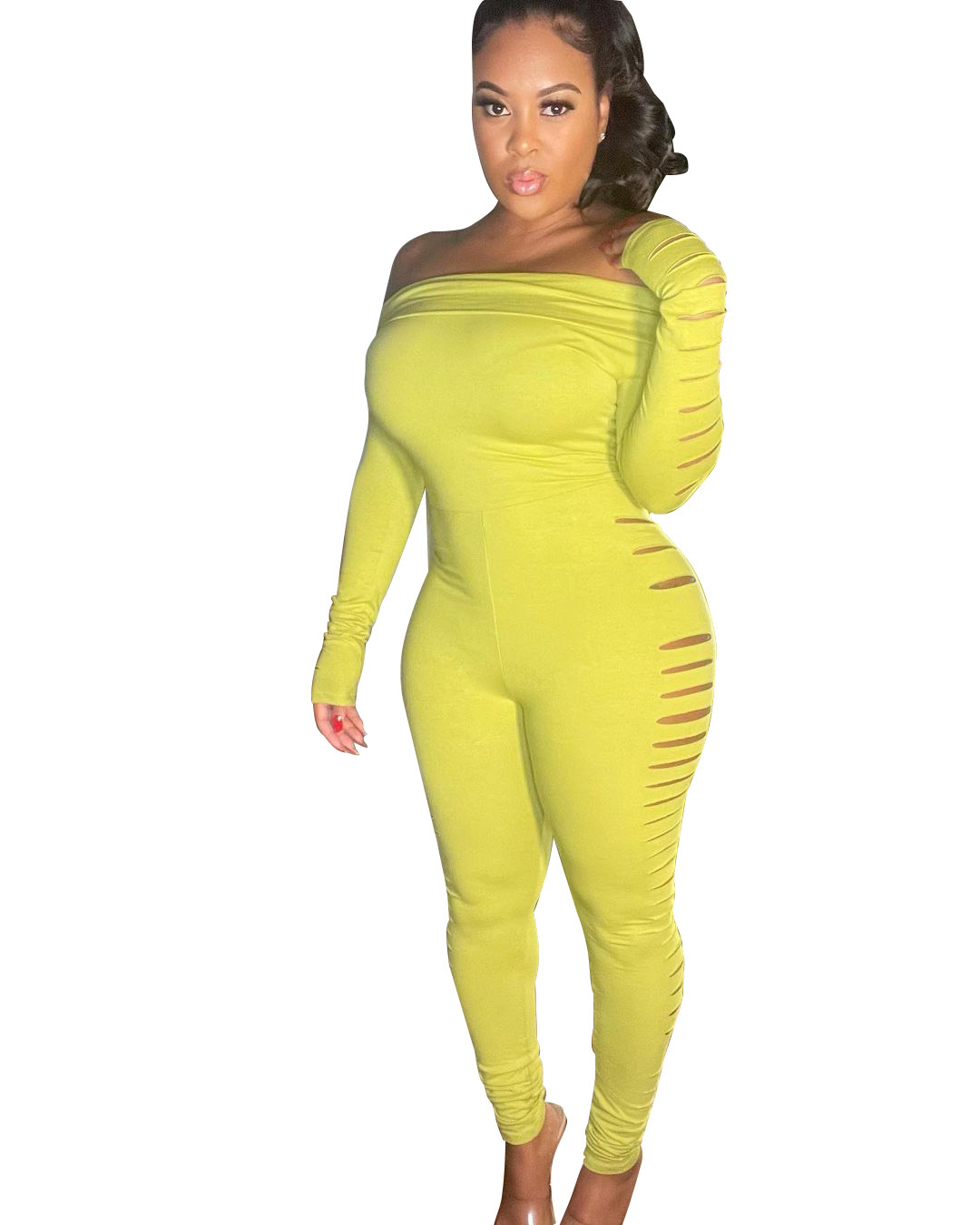 

Sexy autumn jumpsuit slash neck ripped playsuit, 01