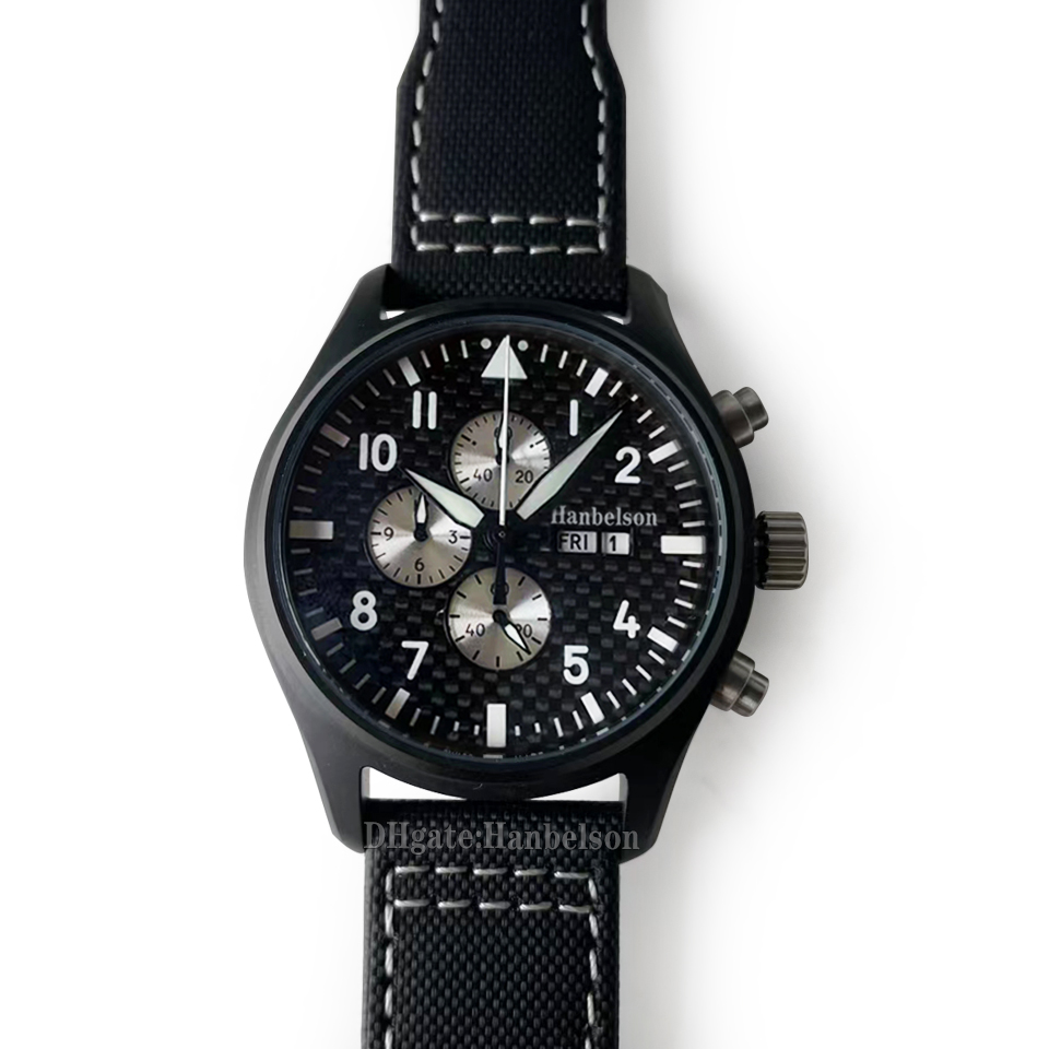 

Mens Watch Day Date Chronograph Quartz movement 43mm luminous Fiber dial PVD Steel Case Nylon Strap Black Wristwatches, 5.metal strap