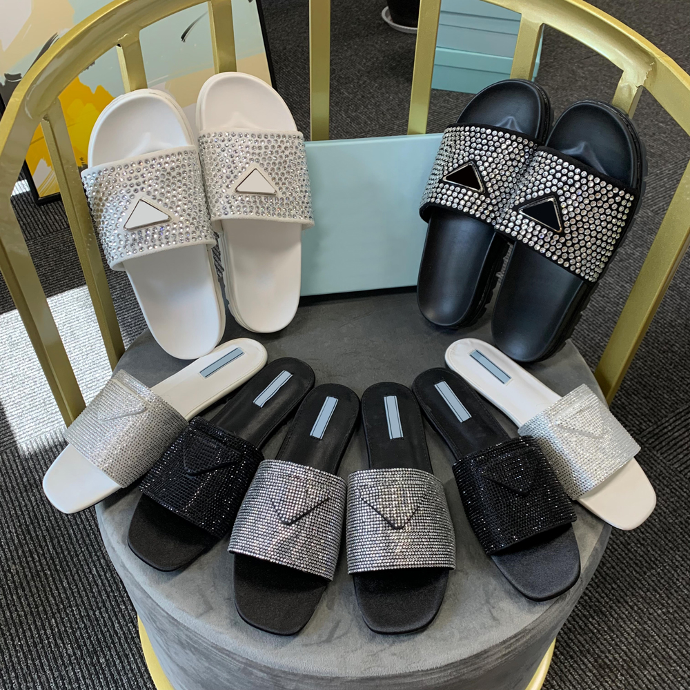 

Satin slides with crystals designer slippers summer Full drill slipper women dress sandals classical ladies genuine leather fashion elegant shoes size 35-42