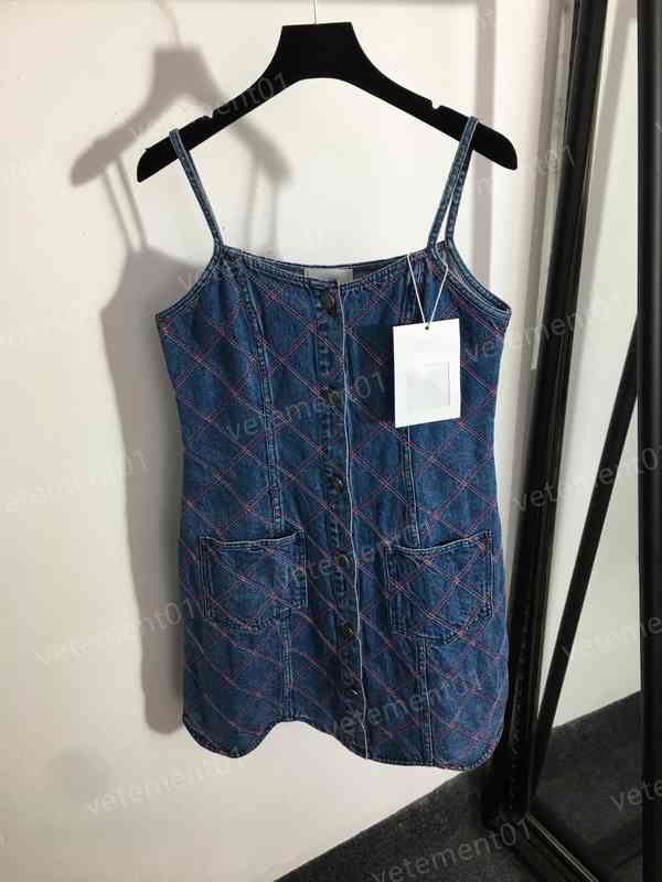 

Womens Dresses Classic Fashion Brand Blue Button Plaid Denim Slip Dress Luxury Dress Designer Women Clothing
