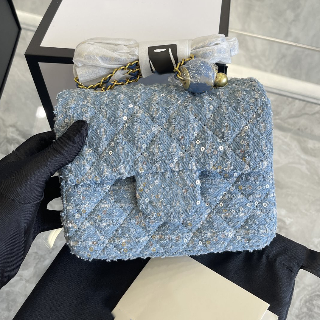 17/20CM Blingbling Sequin Denim Blue Flap Bag Mermaid Canvas Classic Quilted Gold Ball Adjuster Metal Chain Button Crossbody Bag Designer Luxury