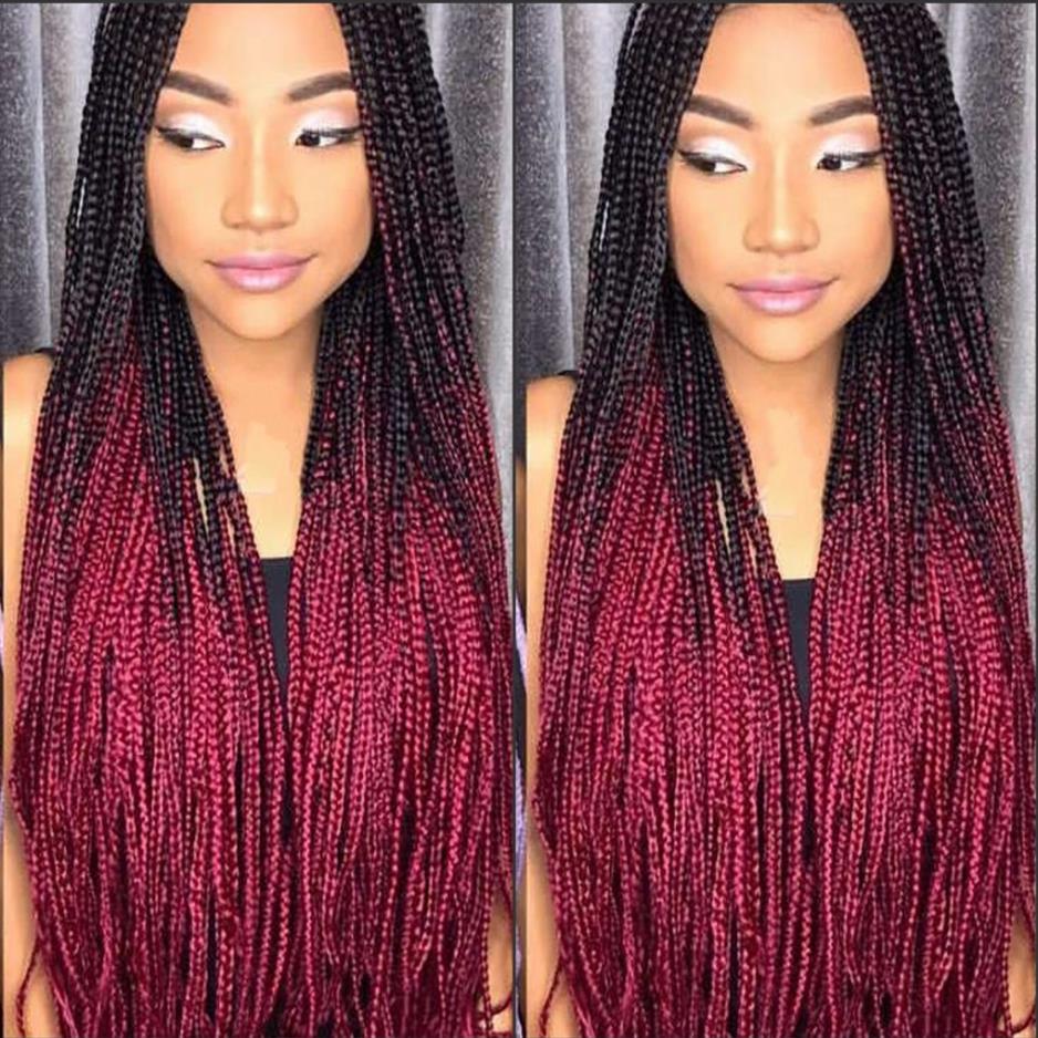 

Long Handmade Box Braids wig micro braid lace front wig Ombre red Synthetic Braiding hair wig For Africa Black Women218b, Blue