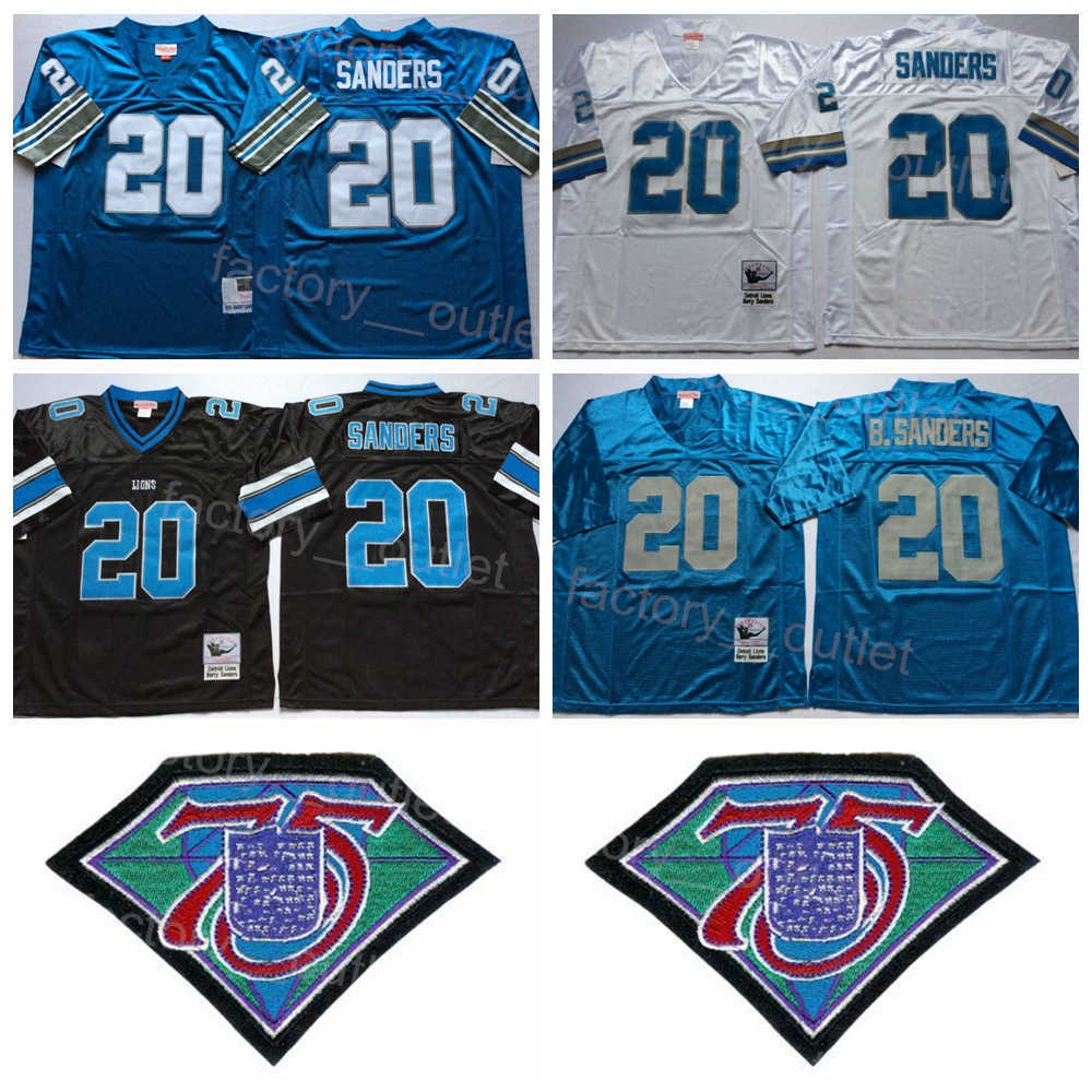 

Mitchell and Ness Throwback Football Vintage 20 Barry Sanders Jersey 1994 Retro 75th Anniversary Team Color Black Blue White All Stitched Sport High Quality ncaa
