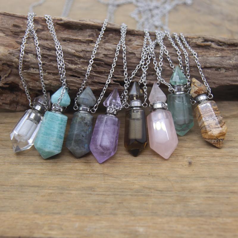 

Pendant Necklaces Natural Labradorite Double Pointed Perfume Bottle Pendants Necklace Rose Quartzs Amethysts Prism Essential Oil Vial Charm
