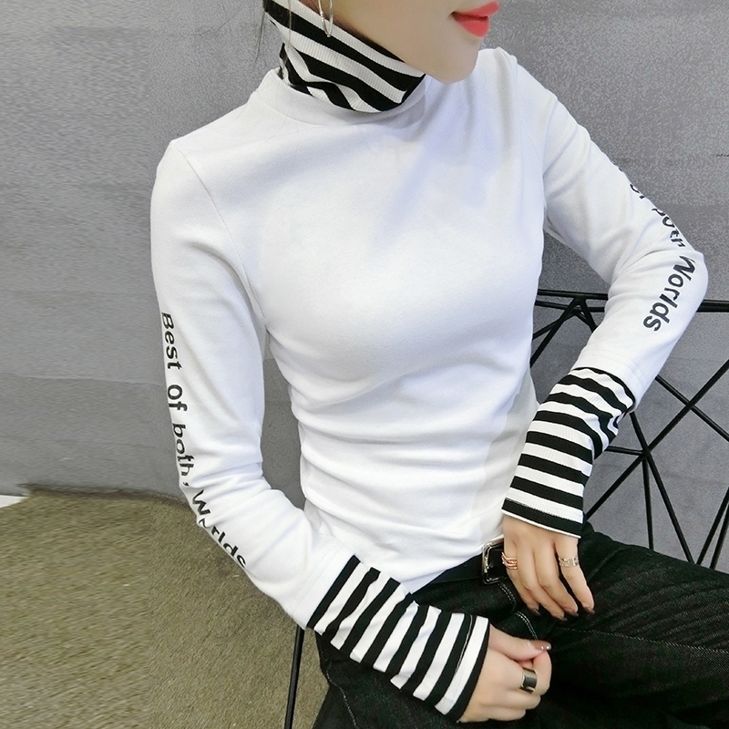 

European Fashion Patchwork Striped Thick Broshed Tshirt Autumn Winter Long Sleeve Top Clothes Camiseta Mujer Shirt T97311 Y200412, White tshirt