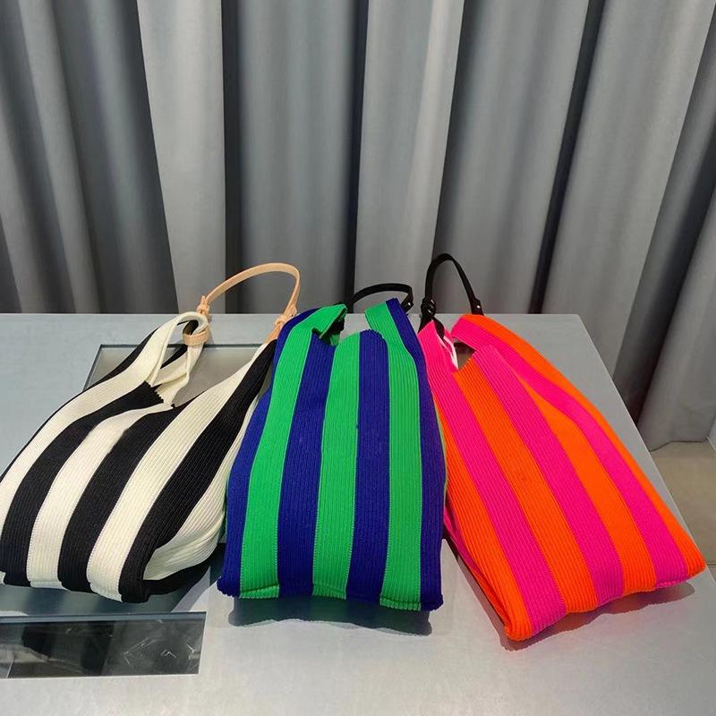 

Evening Bags Design 2022 Fashion Handle Handbags Women Knitted Shopping Bag Foldable Stripe Printing Weave Shoulder Casual Wool Totes, 17