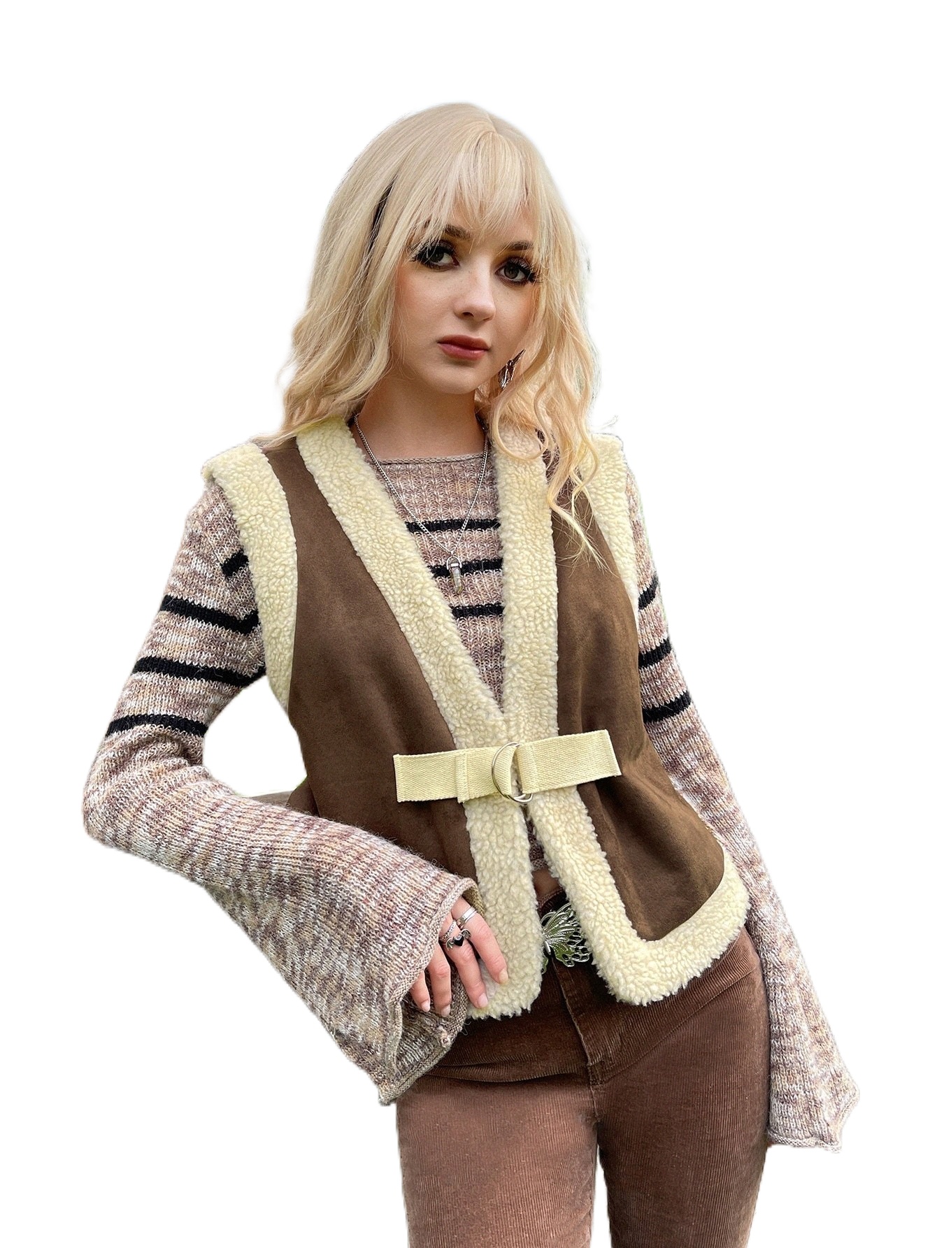 

grunge Contrast Fuzzy Trim D-ring Front Vest Suede Jacket O6Lr#, Brown