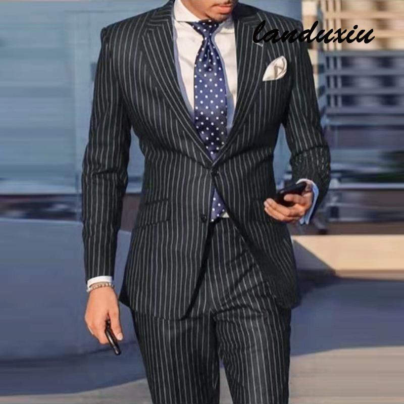 

Men's Suits & Blazers Business Striped Print Men Casual Blazer Fashion Single Breasted Button Outerwears LanduxiuMen's, 2 one piece coat