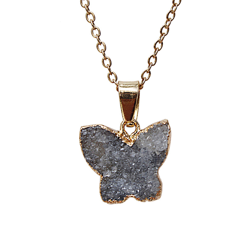 

Natural Agate Butterfly Rough Stone Necklace Butterfly-shaped crystal tooth electroplating edging diy pendant chain jewelry Necklace