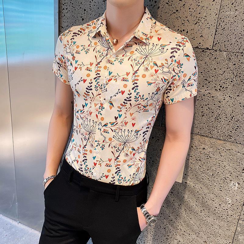 

Summer Men's Short Sleeved With Pointed Collar Youth Casual Print Shirt Shirts, Beige