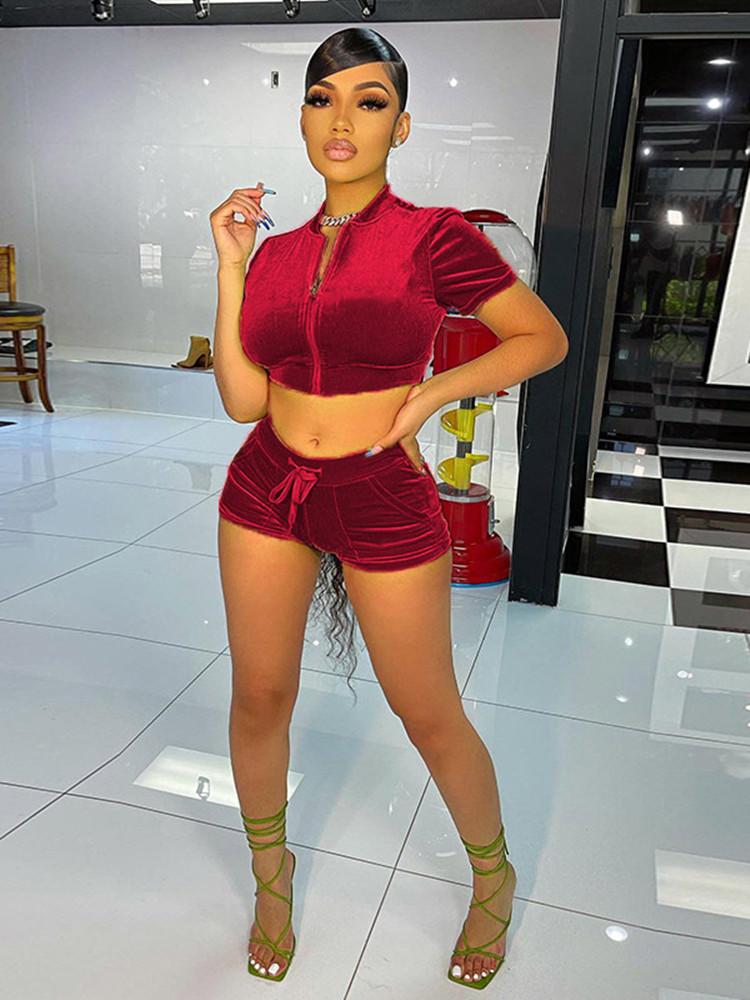 

Women' Tracksuits Elegant Summer Velvet Women Two Piece Set Solid Zipper Crop Top And Short Sets Casual Street Club Outfits, Purple