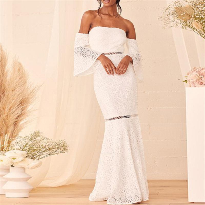 

Party Dresses Elegant Women Dress Fashion Chic Solid Color Shoulder Off Half Sleeve Mesh Lace Patchwork Slim Pullover Sexy Ladies DressParty, White