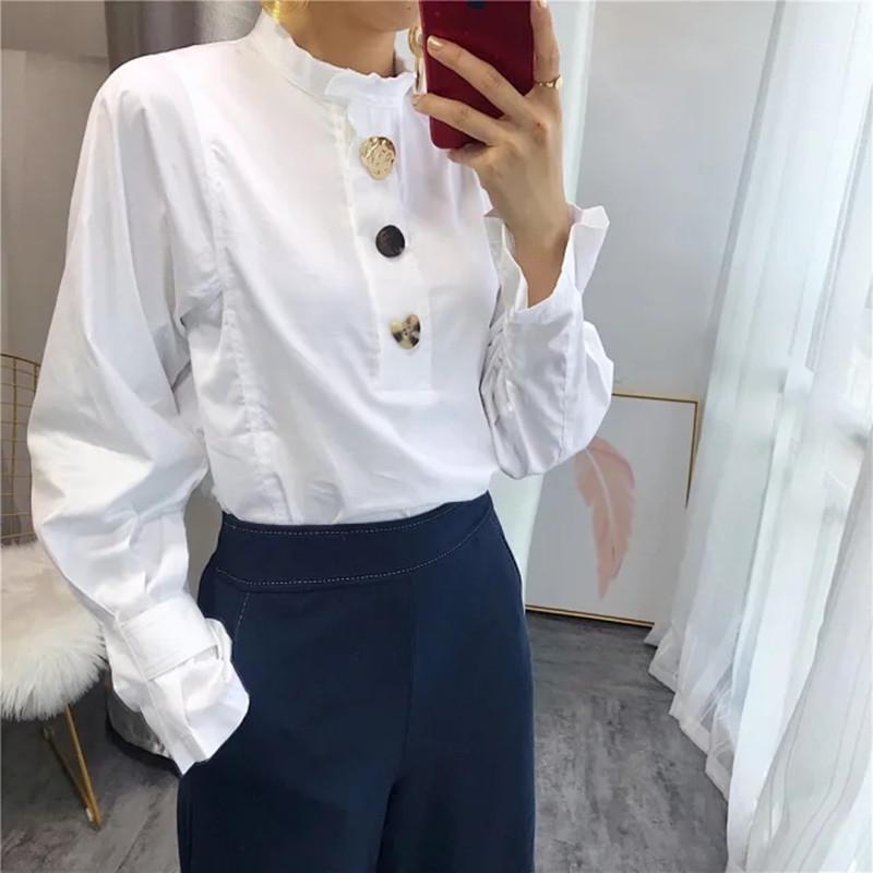

Spring Summer Women' Shirt Ladies Cotton Long Sleeve Office Wear Casual Blouse Top With Irregular Buttons Female Blouses & Shirts, A white