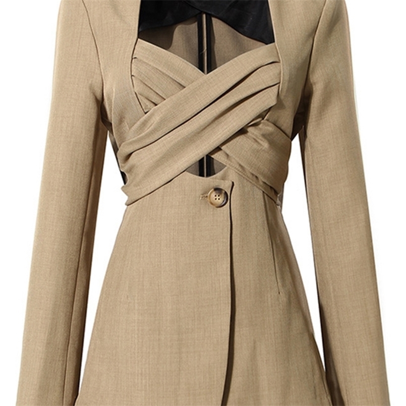 

[EAM] Women Khaki Bow Cross Bandage Blazer V-neck Long Sleeve Loose Fit Jacket Fashion Spring Autumn 1DD3607 220402, Black