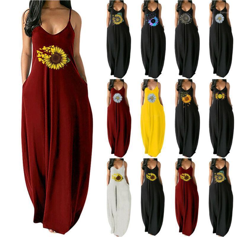 

Casual Dresses Print V-Neck Summer Dress Women Slim Thin Sling Long With Pocket Ladies Flowers Maxi Vestidos