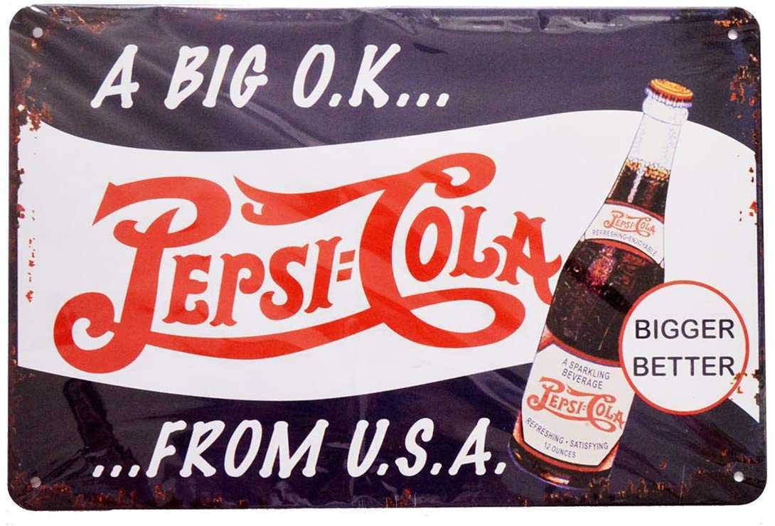 Retro Vintage Pepsi Cola A Big O.K.from U.S.A Pin Up Tin Metal Sign for Home Bar Garage, 12" x 8"-image-763169654