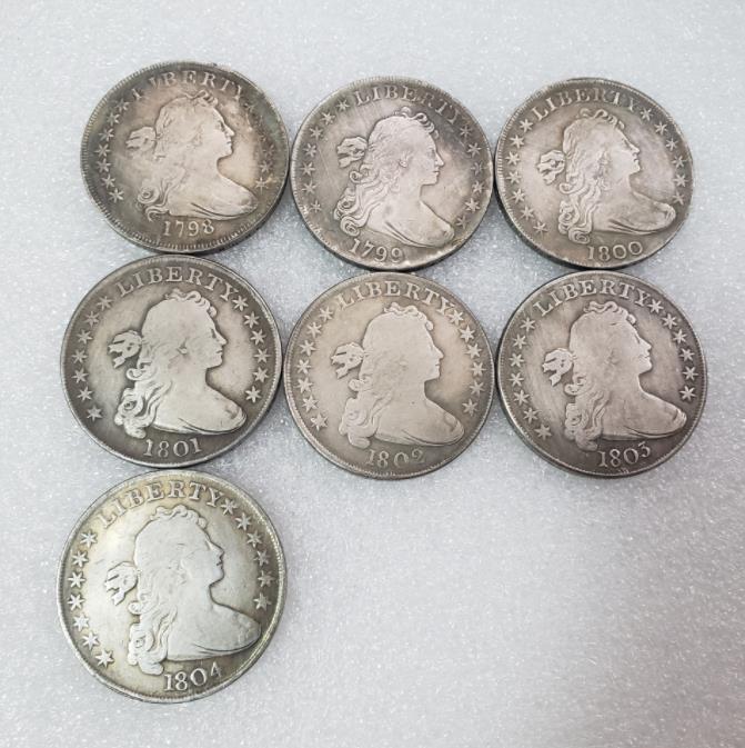 

US 1798 -1804 7pcs Draped Bust Dollar Heraldic Eagle Silver Plated Copy Coins metal craft dies manufacturing factory Price