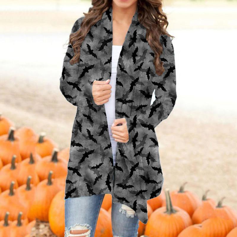 

Women' Jackets Leather Short Sleeve Jacket Womens Halloween Print Long Open Front Cardigan Top Loose Pleated Coat Light JacketWomen, Black