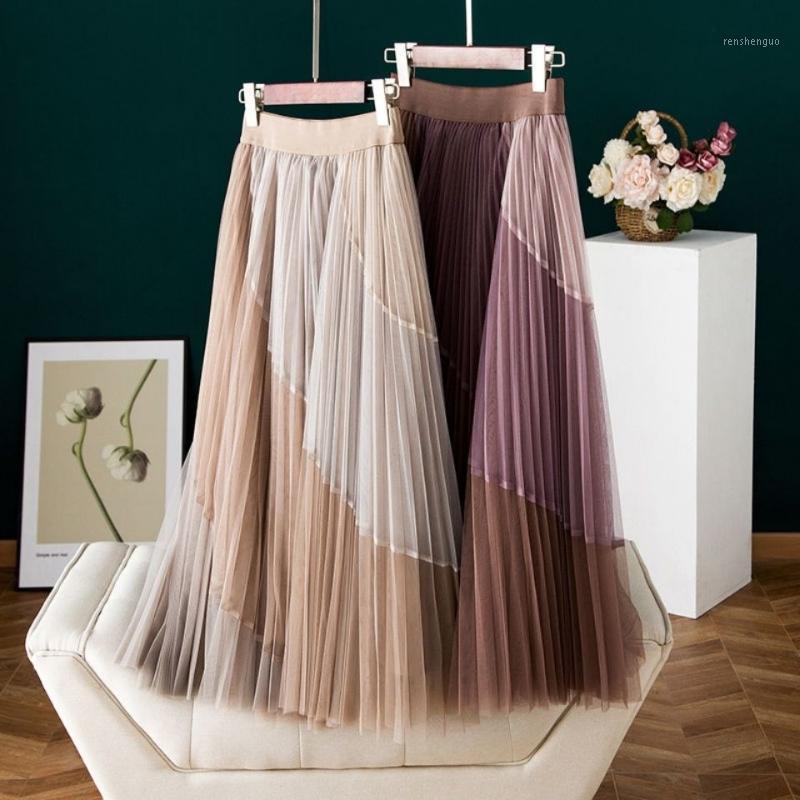 

Skirts 2022 Summer Vintage Skirt Women' Elastic High Waist Tulle Long Beach Mesh Female Fashion Printed Y404, Apricot